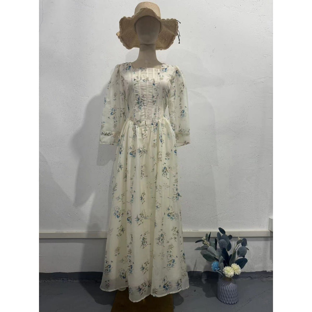 Robe Abaya Fée Florale Romantique à Col Carré, Manches Bouffantes et Lacet au Dos (MA224)