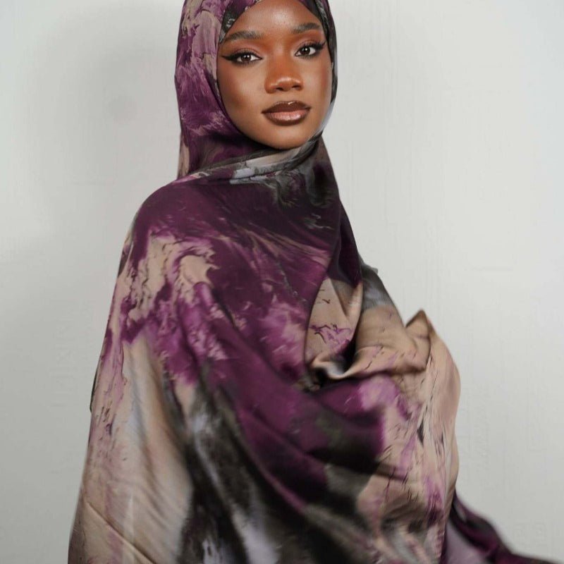 Foulard Hijab Imprimé Luxueux Aspect Soie | Grand Hijab Rectangulaire 180x85cm (MH146)