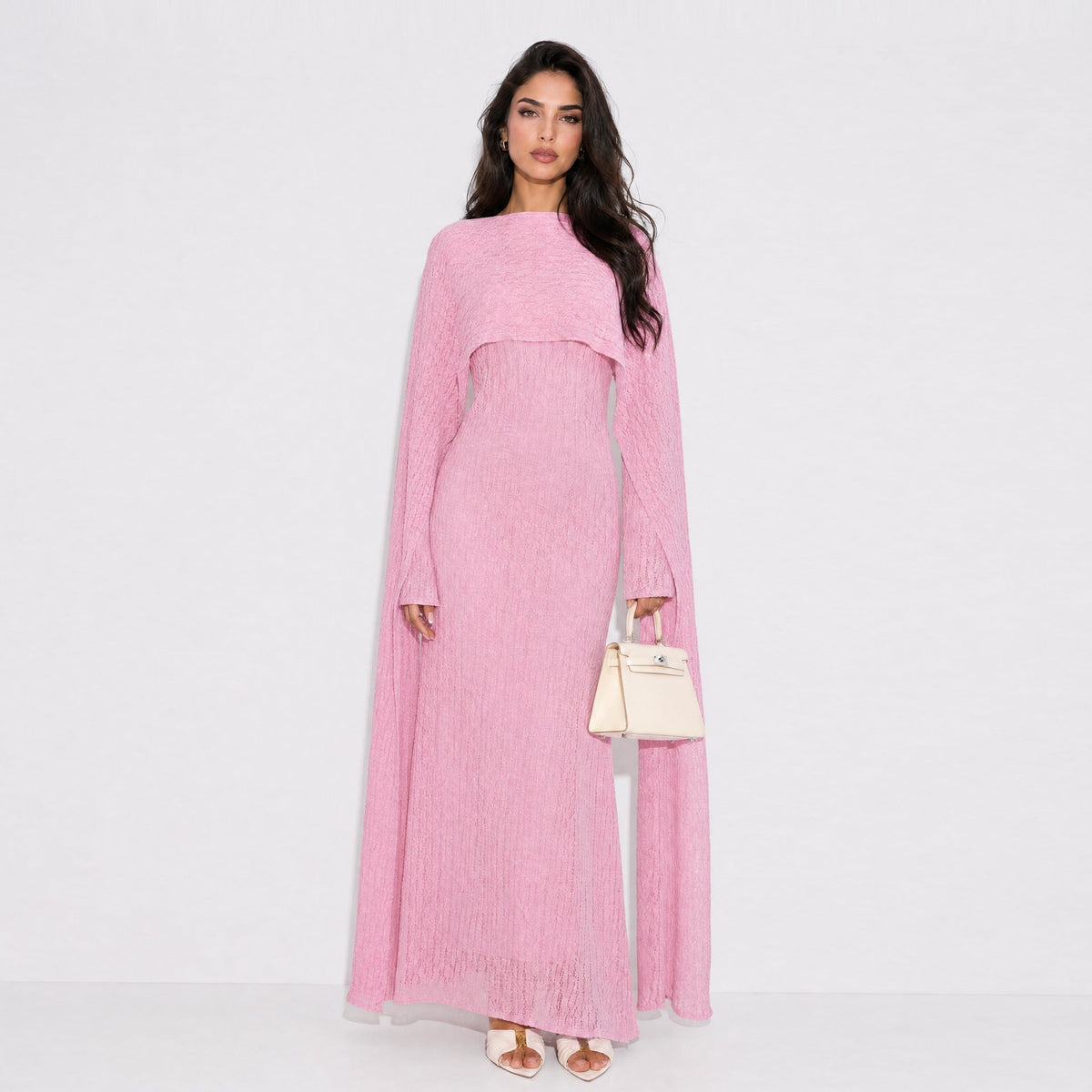 Robe Maxi Doublée à Manches Cape et Dentelle Florale Texturée (MS519)