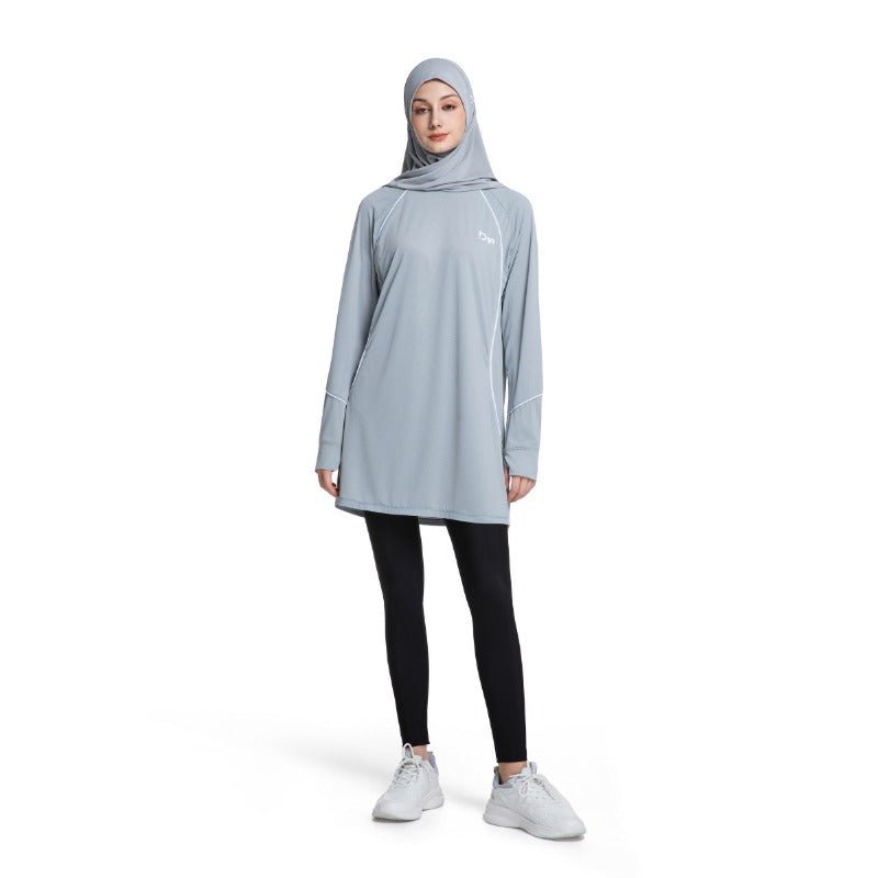 Haut de sport modeste à manches longues pour femme, séchage rapide | Tunique athlétique en polyester pour yoga, lignes épurées (MS114)