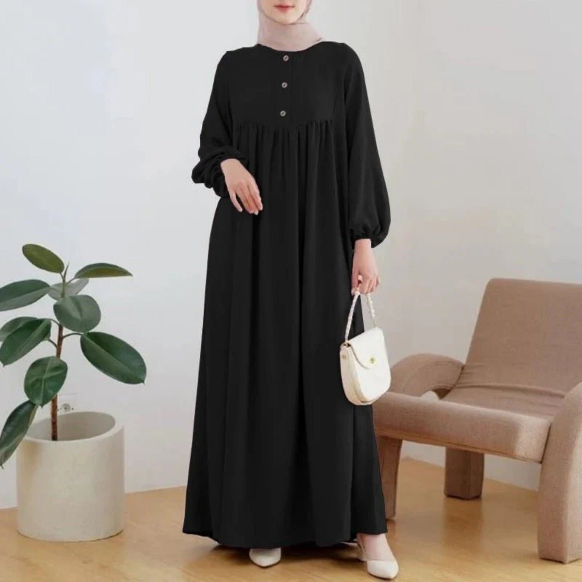Robe Abaya Maxi Longue Unie à Manches Bouffantes et Boutons, Casual et Élégante (MA157)