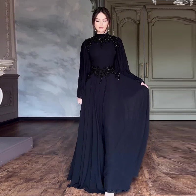 Robe de soirée en dentelle perlée | Robe longue à manches plissées avec appliques de cristaux (MA346)
