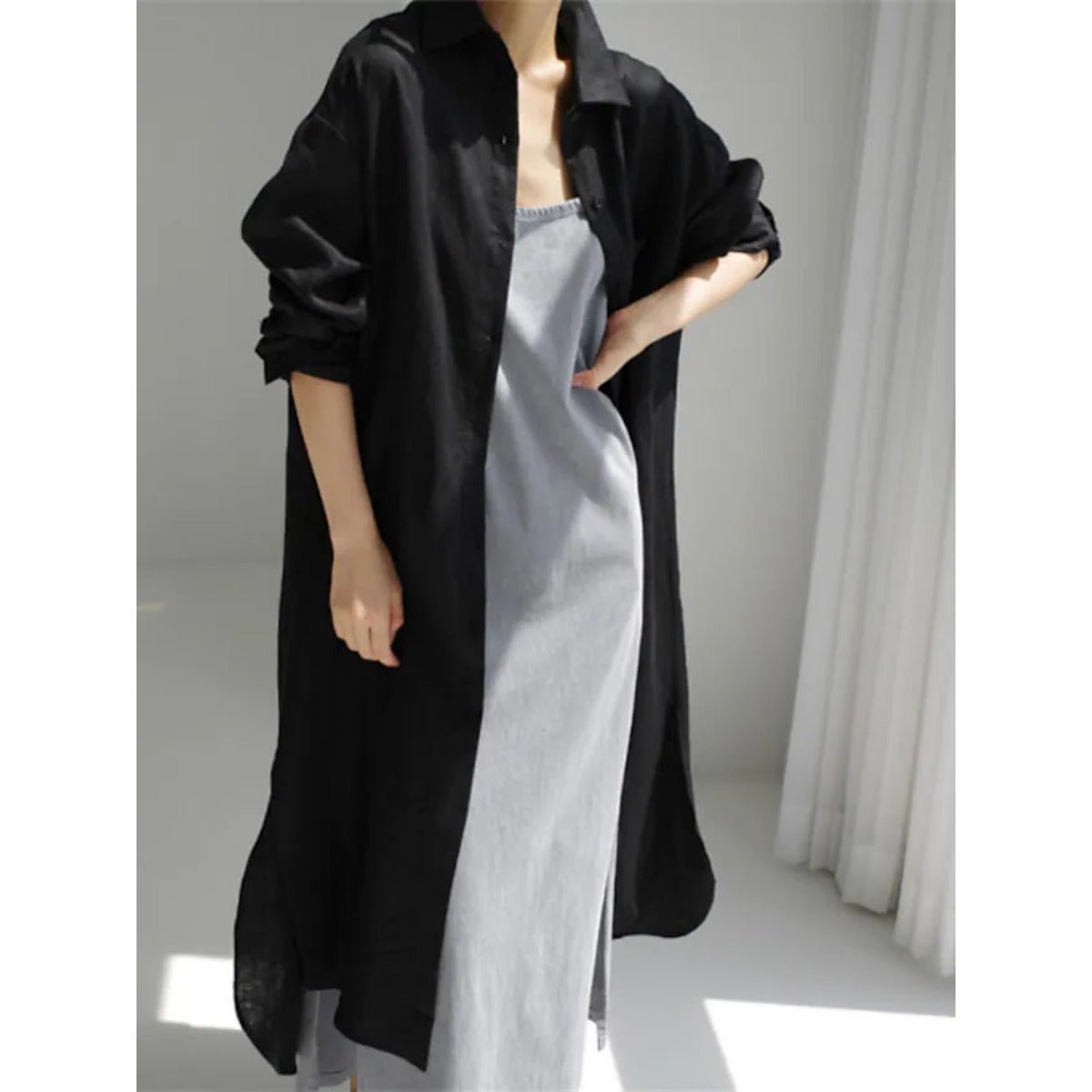 Robe-chemise décontractée et élégante en lin mélangé pour musulmanes | Maxi robe modeste boutonnée devant avec fentes latérales (MS096)