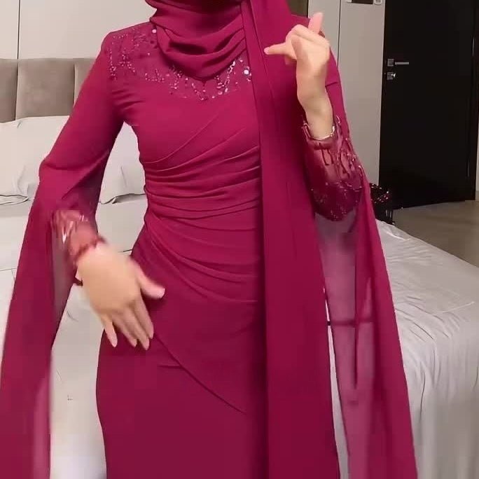 Robe Formelle Ornée de Sequins | Robe Moulante à Manches Longues et Effet Drapé (MS272)