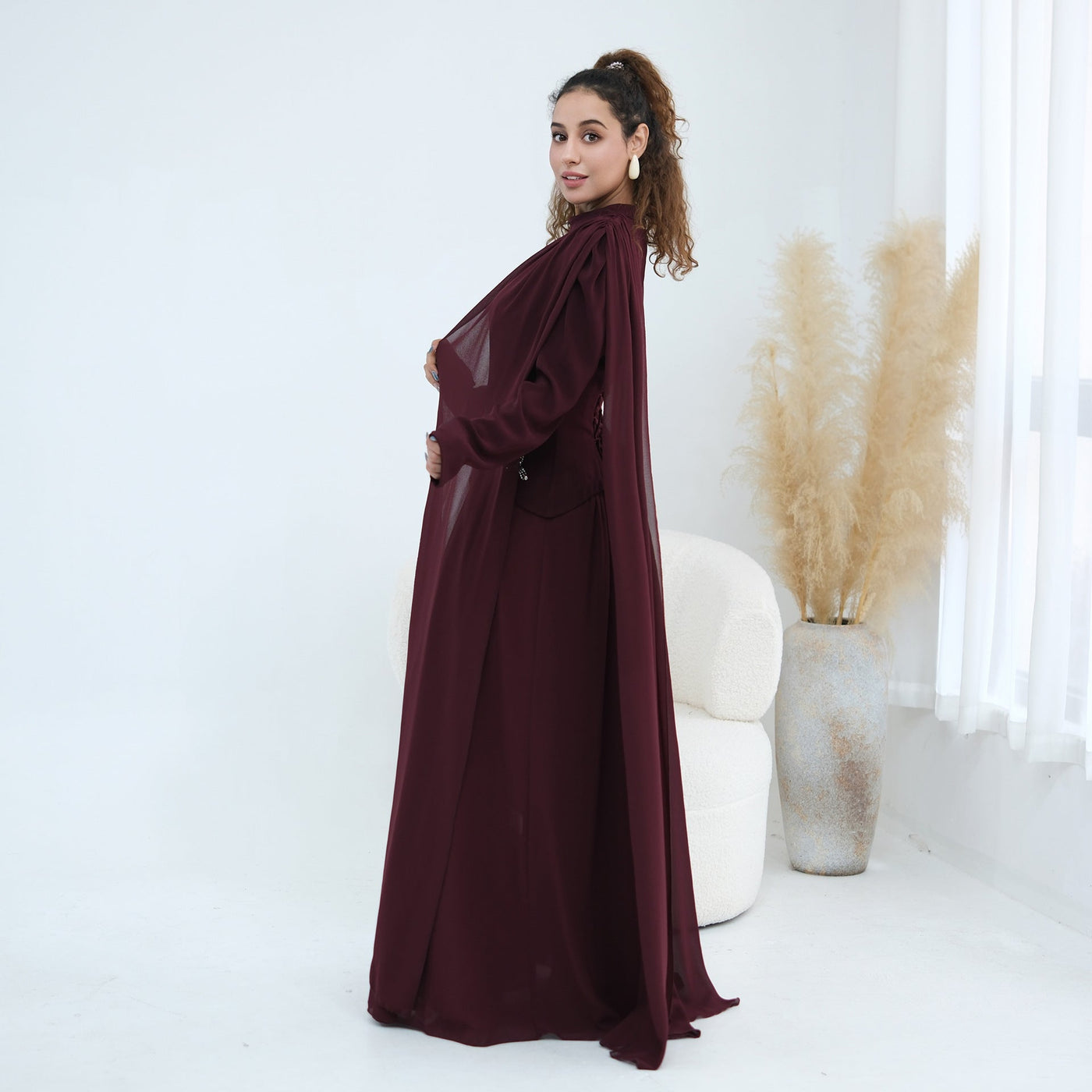 Robe Maxi Cape Sleeve à Taille Perlée(MS499)