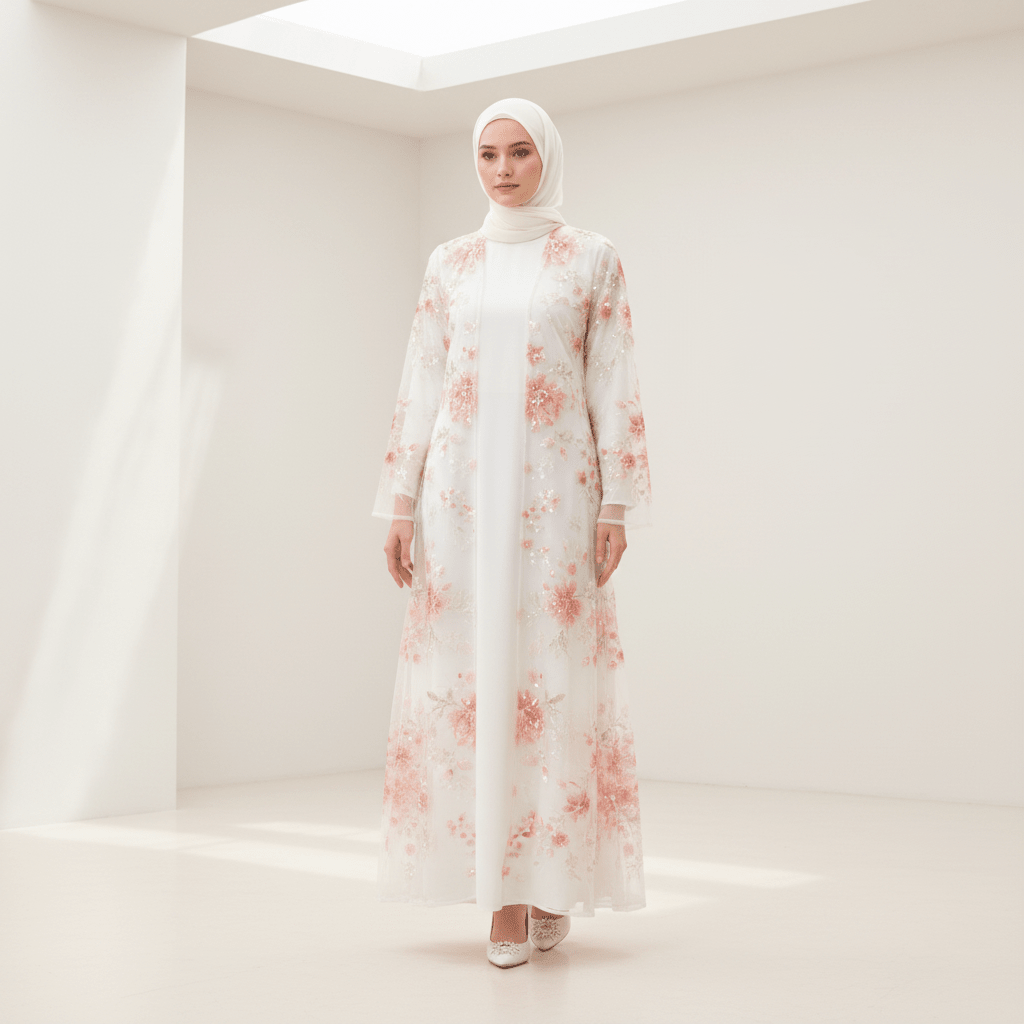 Abaya ouverte de luxe brodée de sequins floraux 3D pour mariages et l'Aïd (MOA306)