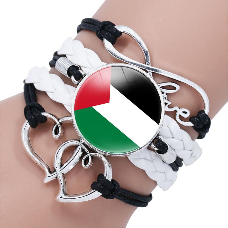 Bracelet multicouche motif keffieh drapeau palestinien avec pierres fines "time", "love" & ∞ (MAC080)