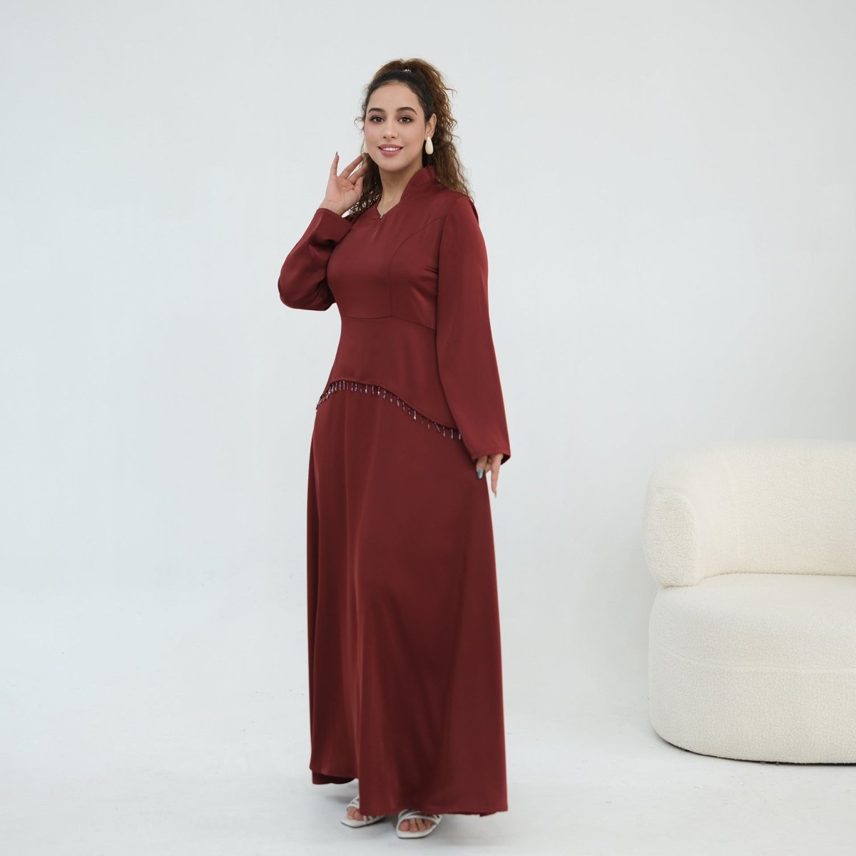 Robe Maxi Corset avec Taille Perlée et Manches Évasées (MS476)