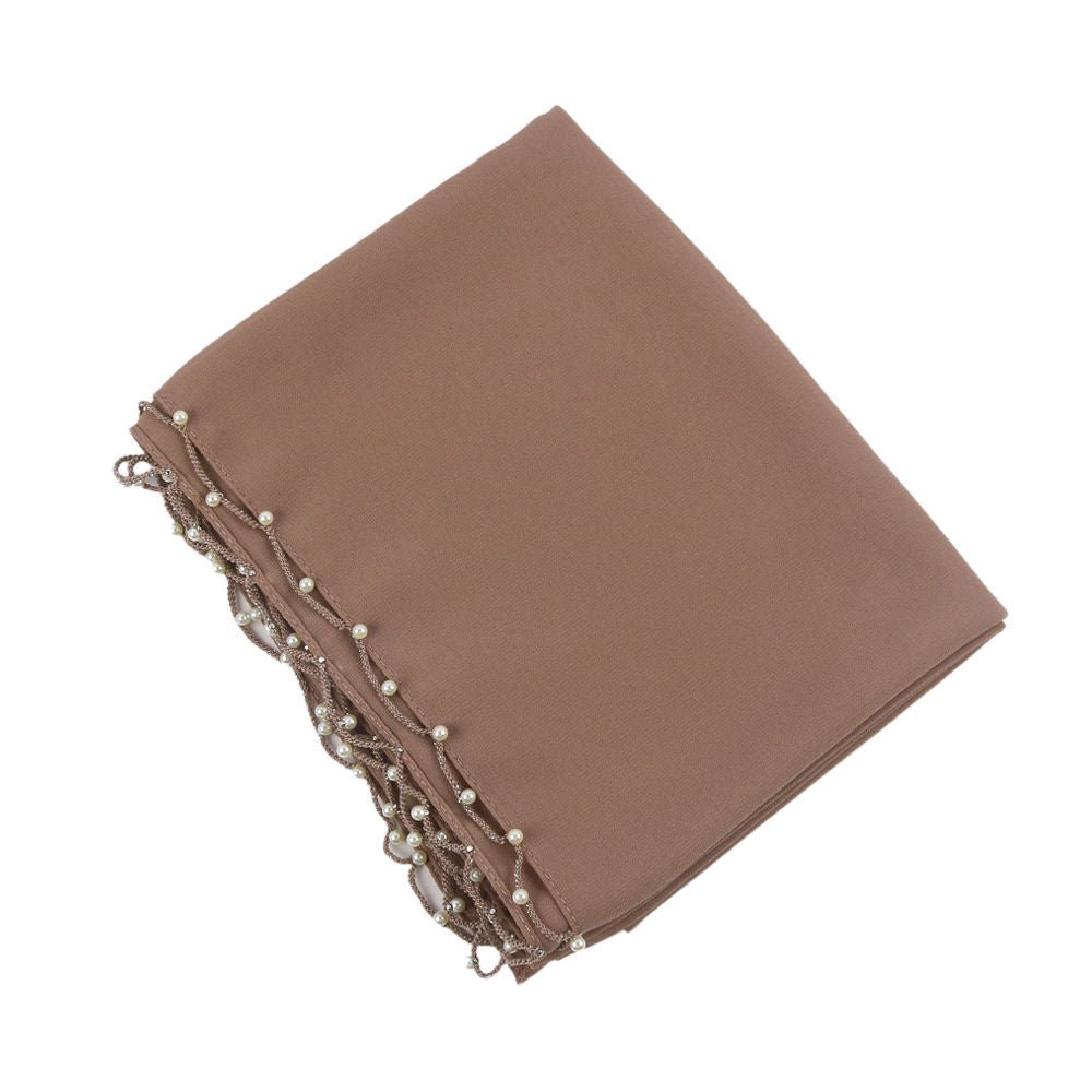 Hijab en Chiffon Uni avec Bordure Perlée Délicate, Vague Ornée de Perles (MH139)