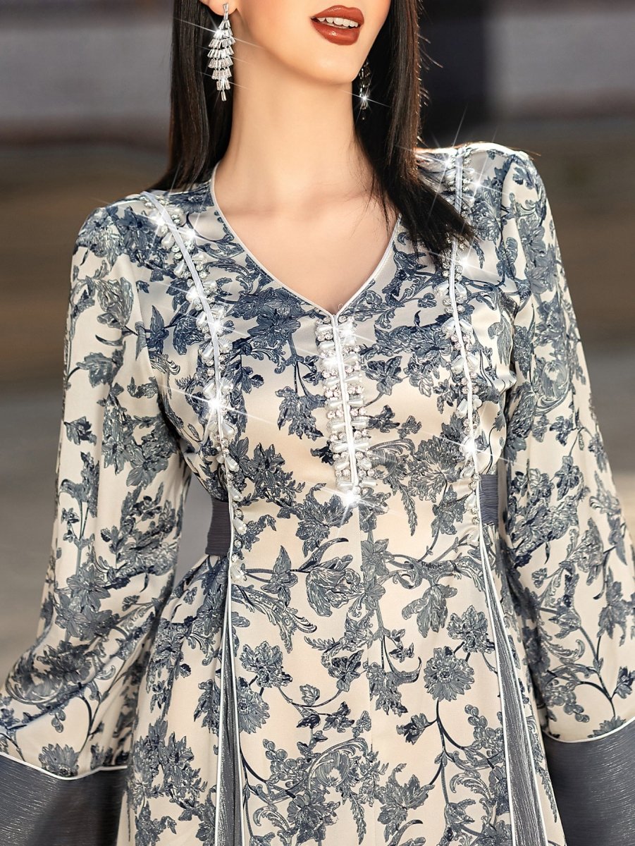Robe Maxi élégante à col en V, en satin, avec fleurs brodées à la main de perles et de cristaux, manches longues, avec Abaya grise (MA192)