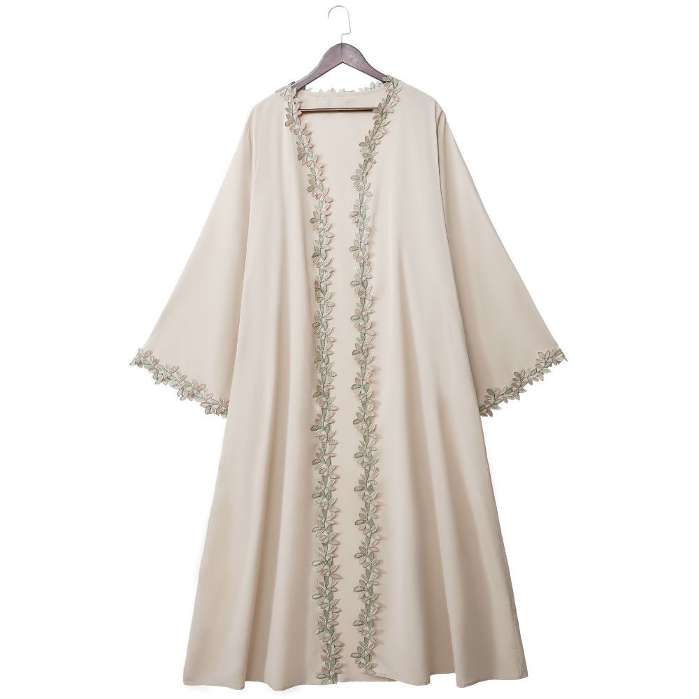 Abaya Leaf Lace Trim | Robe Maxi Ouverte Brodée et Élégante (MOA255)