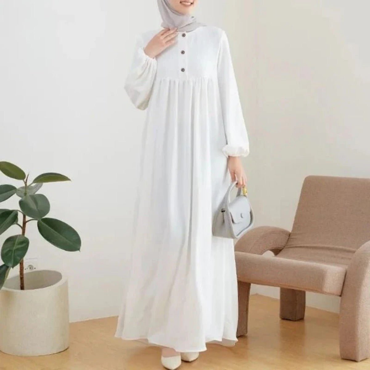 Robe Abaya Maxi Longue Unie à Manches Bouffantes et Boutons, Casual et Élégante (MA157)
