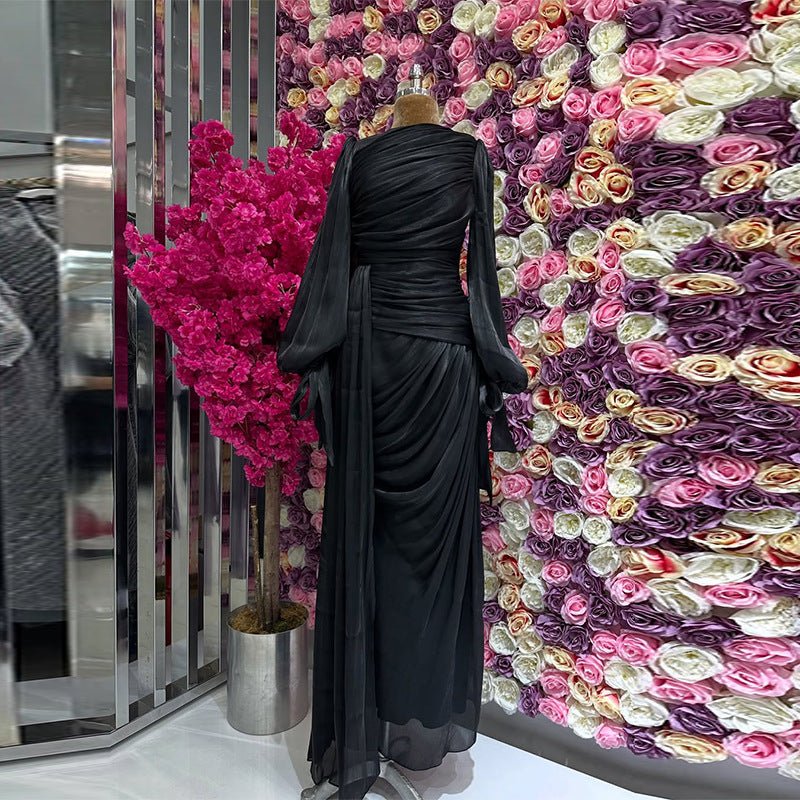 Robe de Soirée Froncée | Robe Maxi Moulante à Manches Bouffantes (MS280)