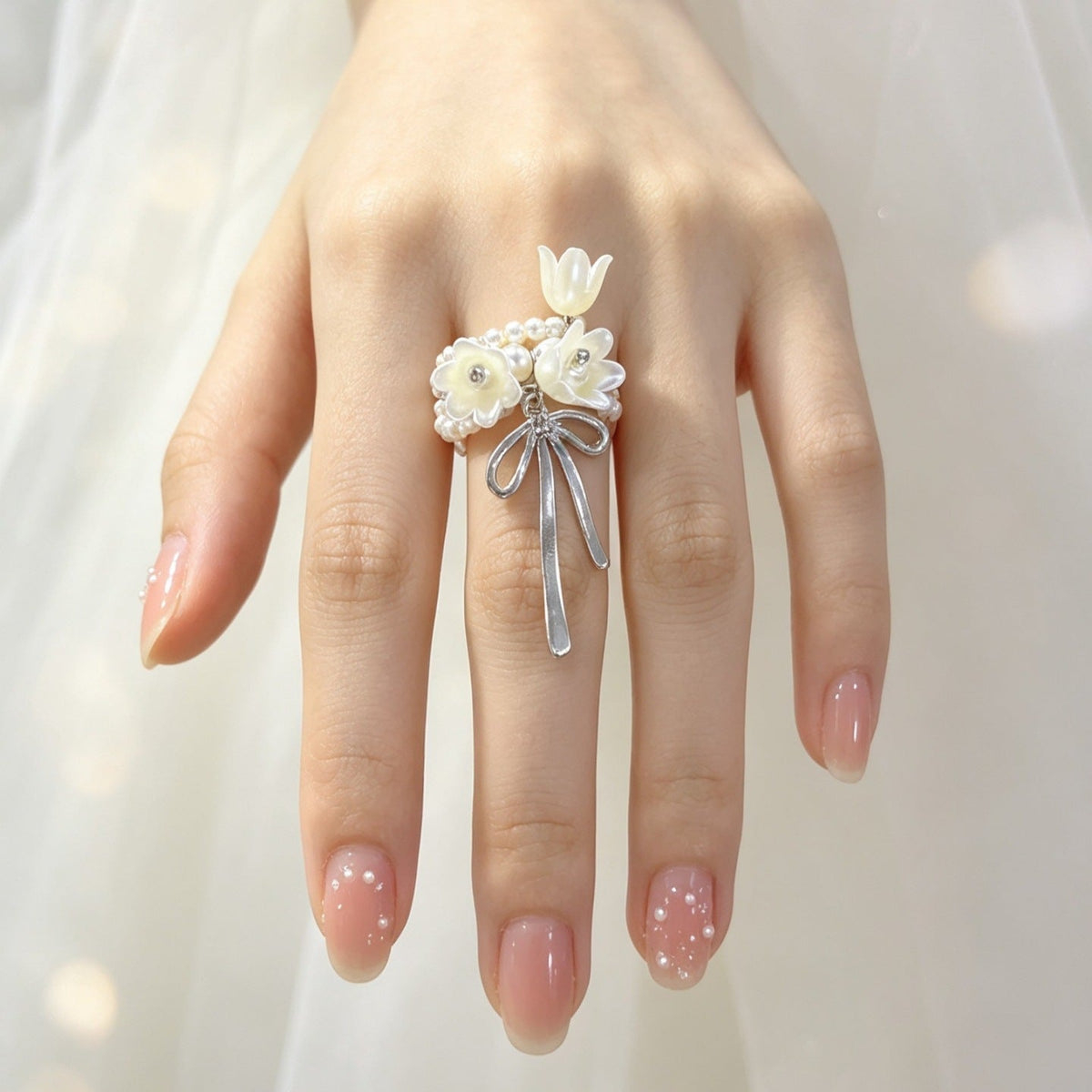 Bague Nœud Nacre Muguet Statement | Bague Florale Ajustable (MAC482)