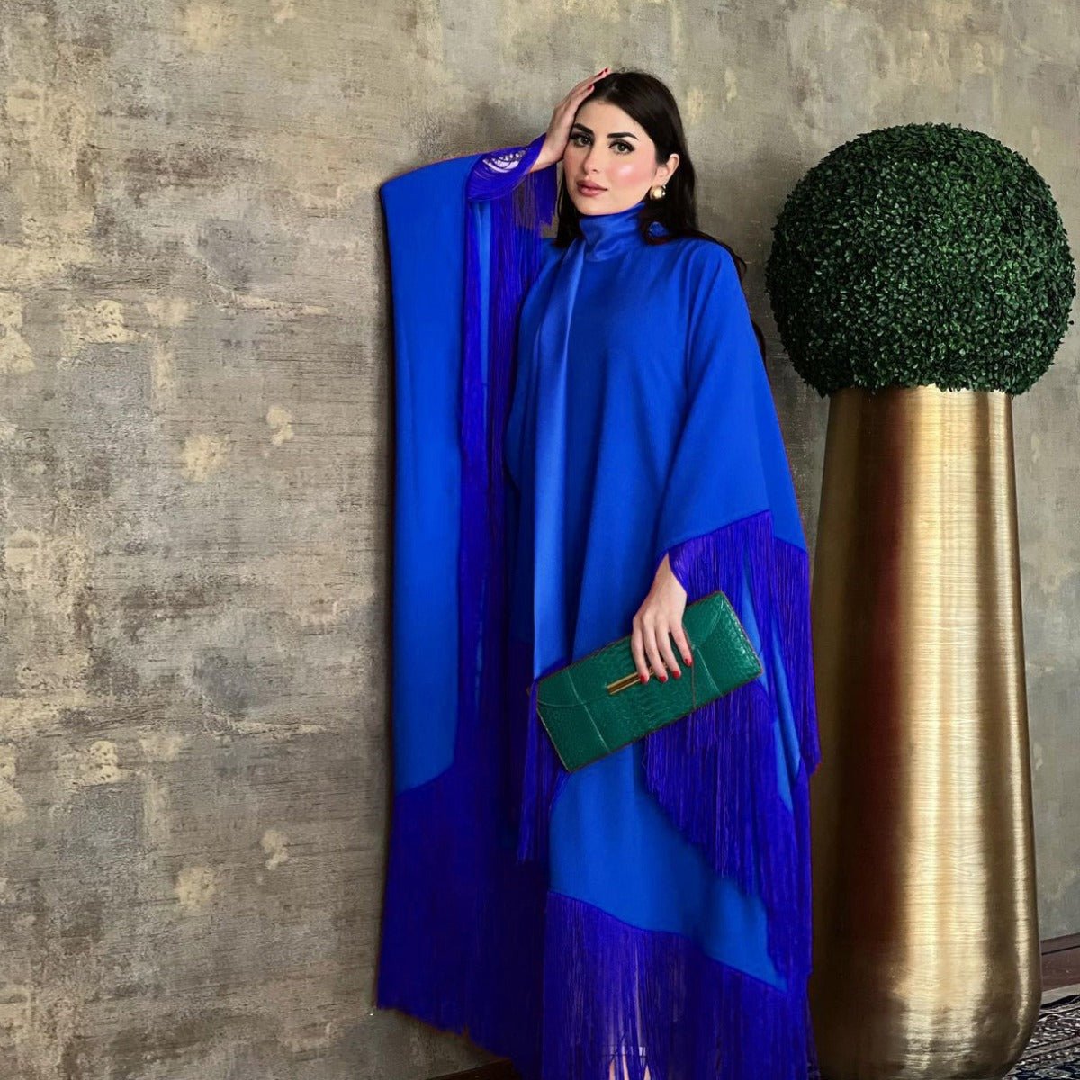 Kaftan Manches Chauve-Souris à Pompons | Robe de Soirée avec Détails Frangés Fluides (MA288)