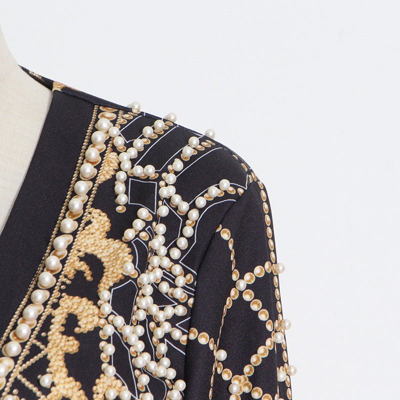 Blazer Vintage Orné de Perles et Perles de Rocaille | Veste de Luxe à Imprimé Géométrique (MS218)
