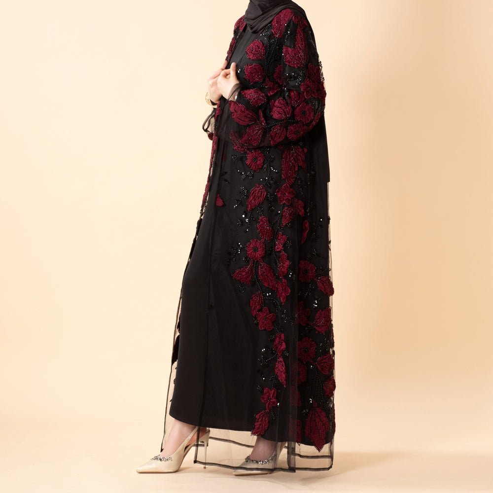 Abaya ouverte de luxe couture ornée de fleurs 3D (MOA300)