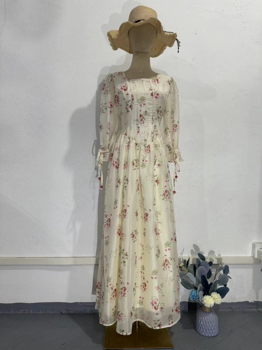 Robe Abaya Fée Florale Romantique à Col Carré, Manches Bouffantes et Lacet au Dos (MA224)