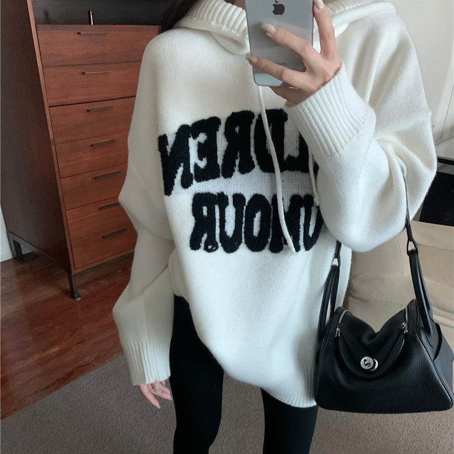 Pull en Maille Imprimé Lettres à Capuche (MS170)