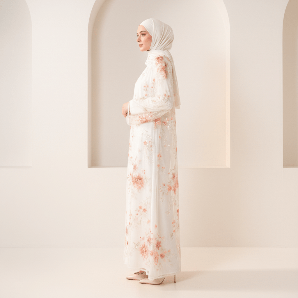 Abaya ouverte de luxe brodée de sequins floraux 3D pour mariages et l'Aïd (MOA306)