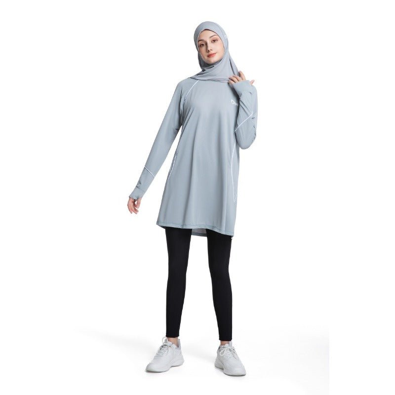 Haut de sport modeste à manches longues pour femme, séchage rapide | Tunique athlétique en polyester pour yoga, lignes épurées (MS114)