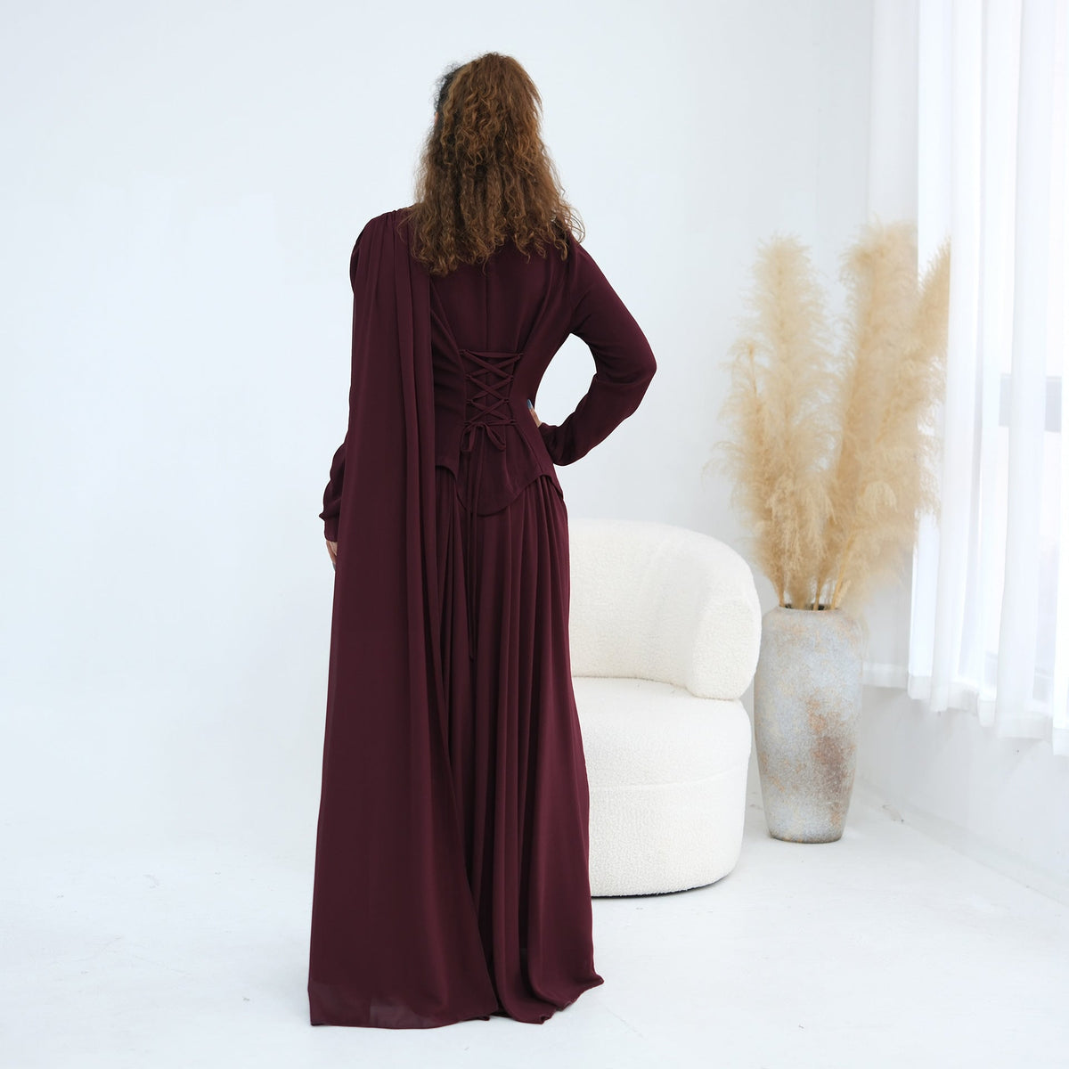 Robe Maxi Cape Sleeve à Taille Perlée(MS499)