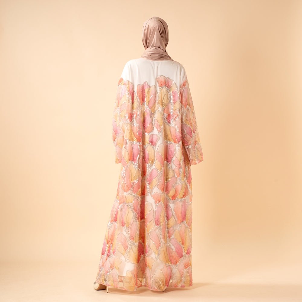 Abaya Ouverte Brodée Main Petal Glow — Collection Secret Garden (MOA295)