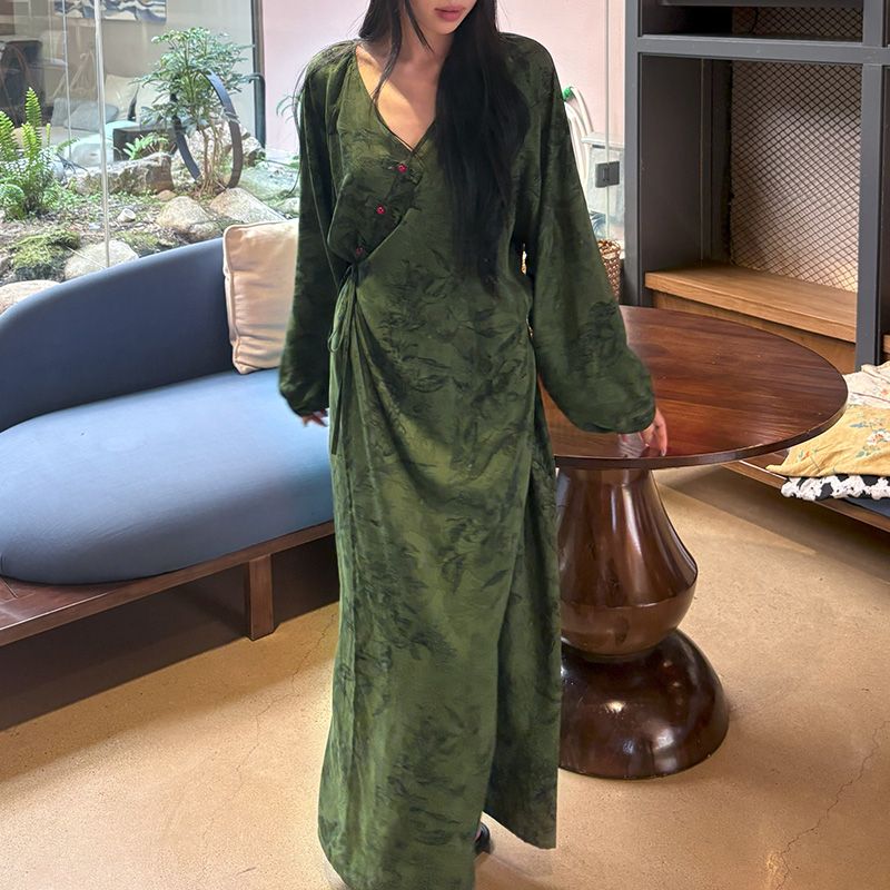 Robe portefeuille longue à motif jacquard et imprimé, style chinois (MS424)