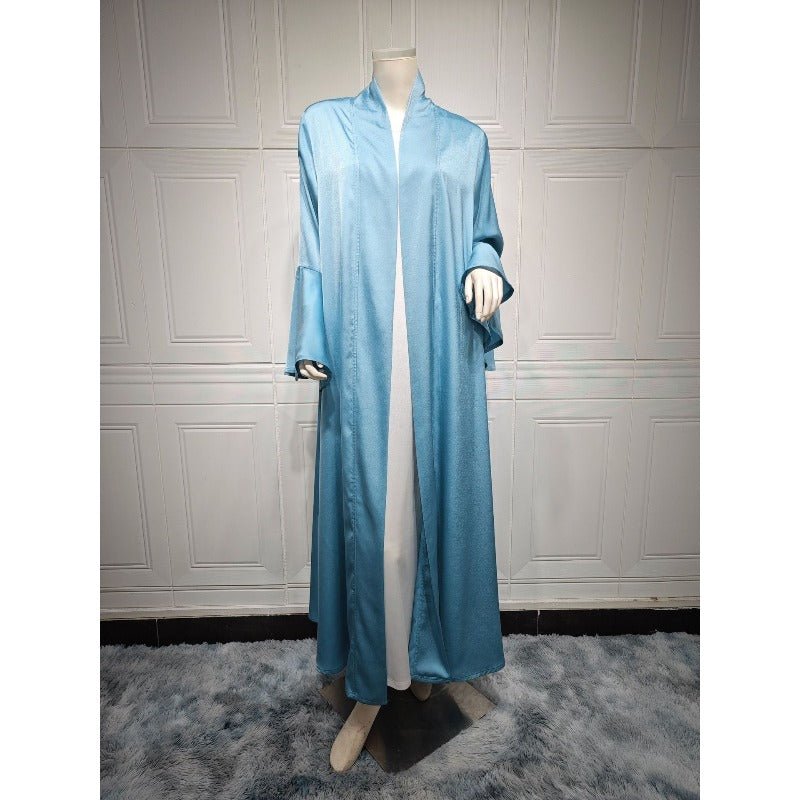 Robe Abaya Unie en Satin Doux Ouverte Devant à Manches Feuille de Lotus | Cache-Abaya Modeste Léger (MOA220)
