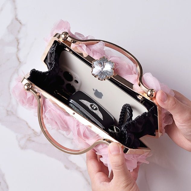 Pochette de soirée fleur rose | Sac de mariage avec poignée métallique (MAC357)