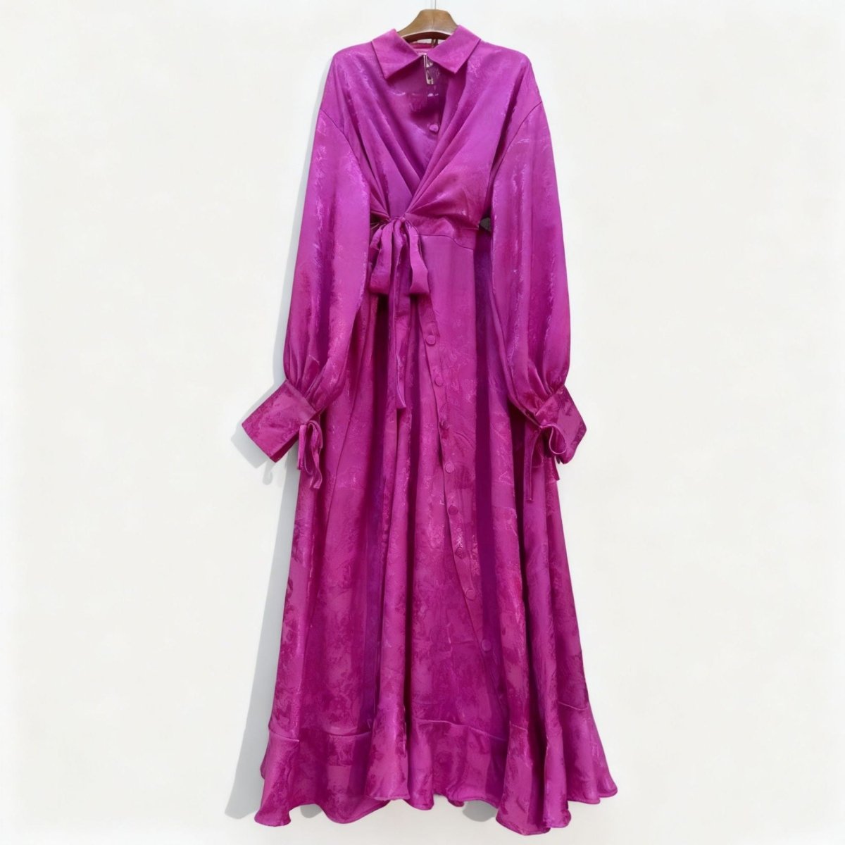 Robe Portefeuille en Jacquard Floral | Robe Maxi à Col et Manches Nouées (MS257)