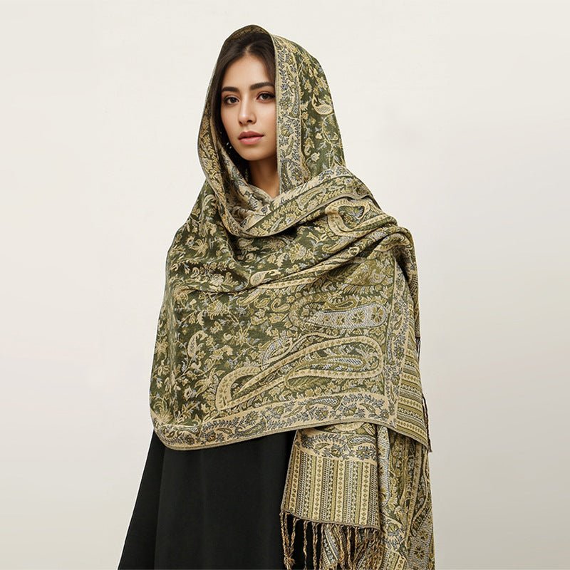 Hijab Vintage Shawl à Motif Fleur de Cajou avec Pompons (MH101)