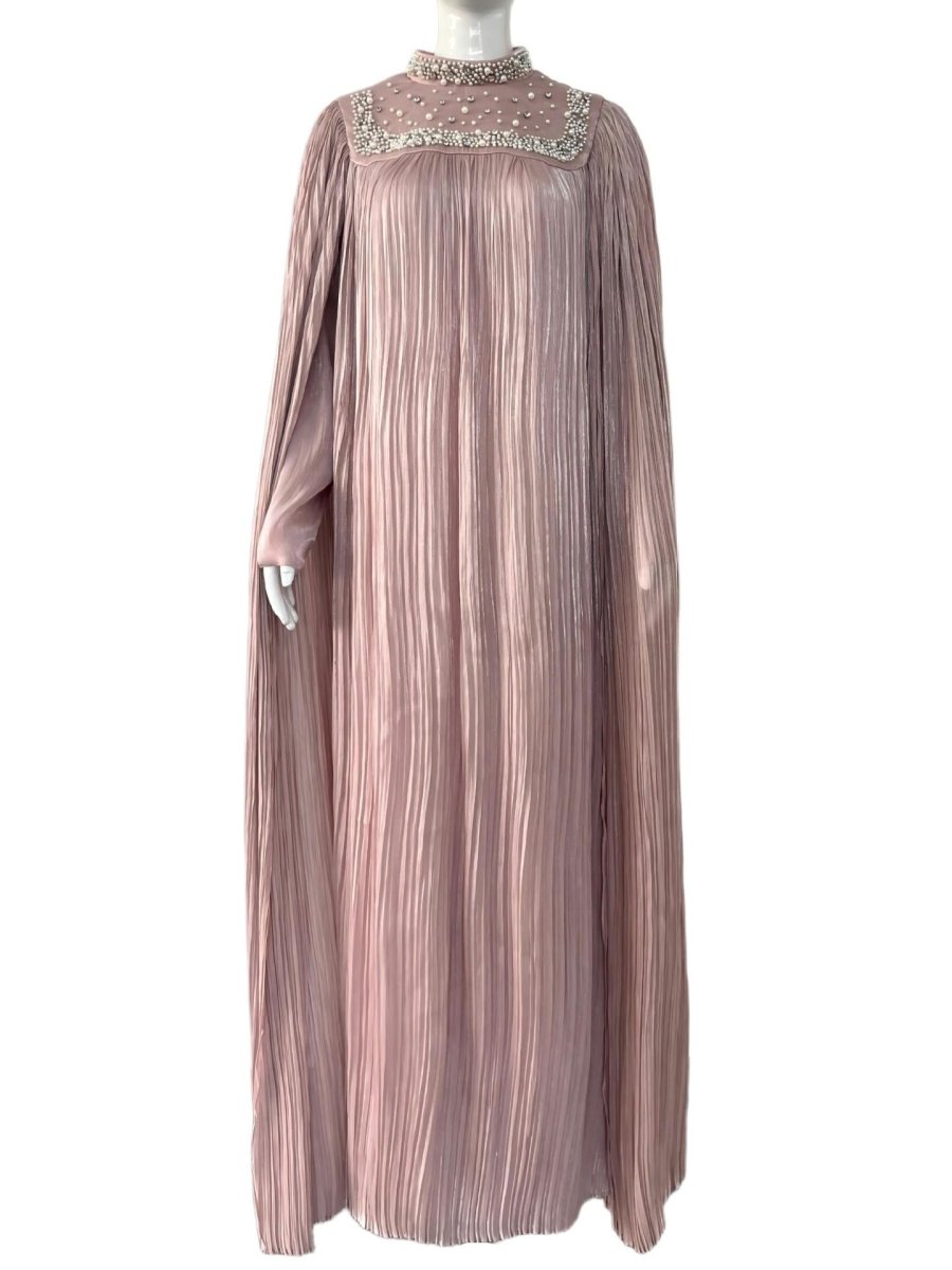 Robe longue plissée en mousseline perlée de perles et cristaux (MA441)
