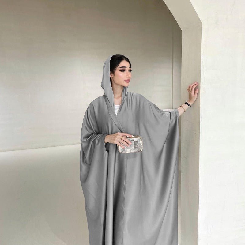 Robe Abaya à Manches Chauve-Souris Douces | Robe Cardigan en Satin à Col en V (MOA224)