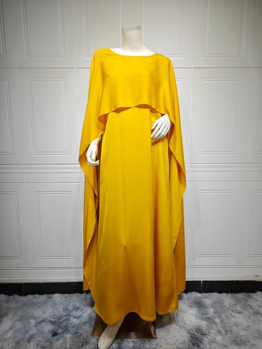 Robe Abaya en Satin Élégante Bleu Royal | Robe Maxi Pudique à Manches Cape avec Drapé Luxueux (MA289)