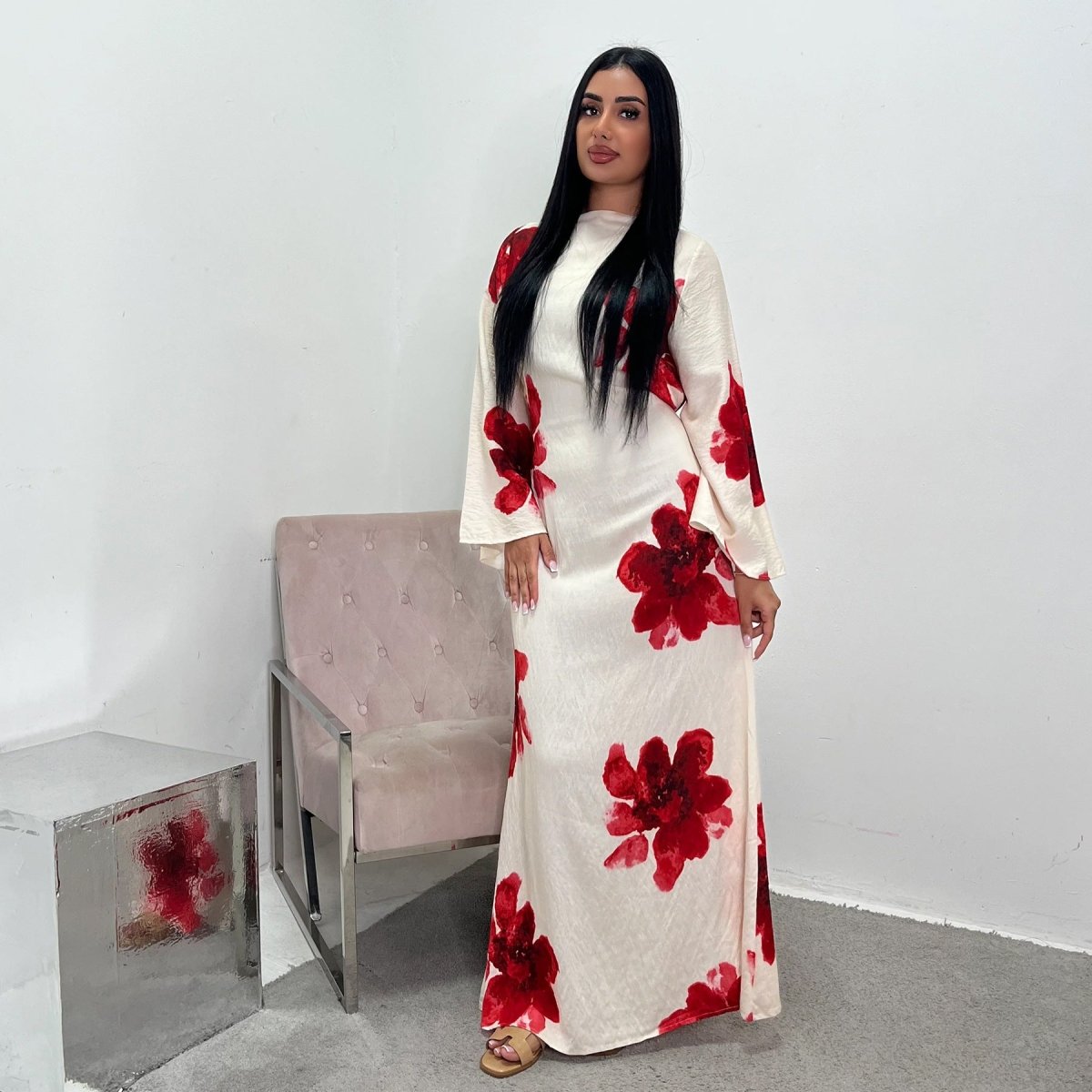 Robe Abaya Maxi à Manches Cloche Imprimé Floral (MA214)