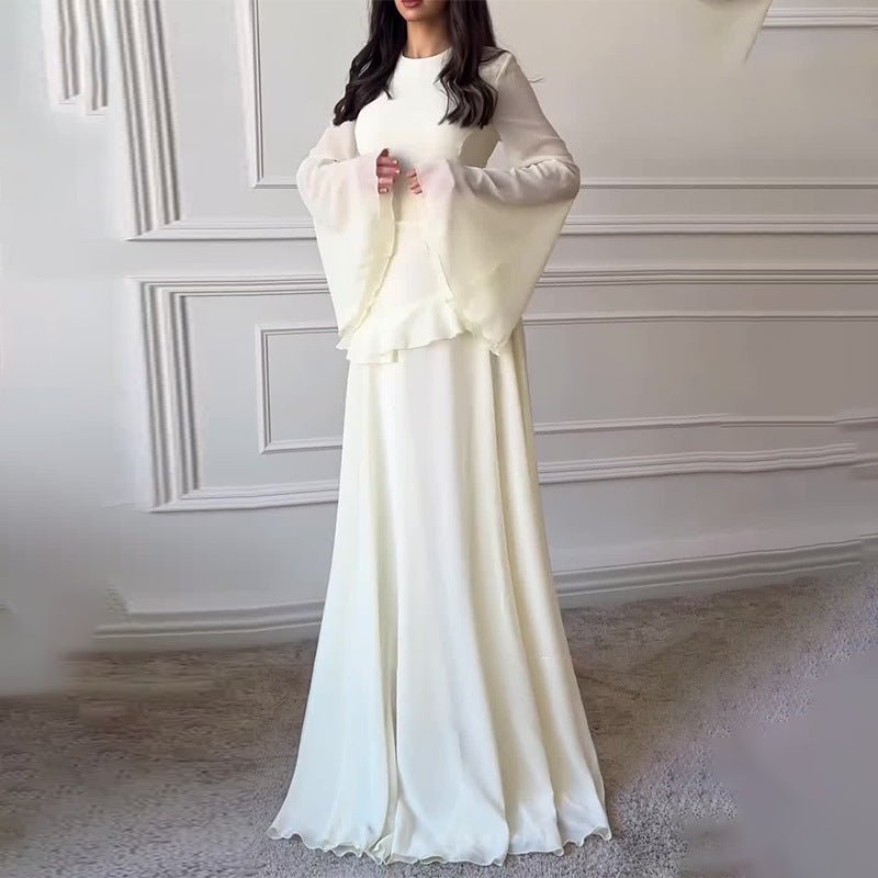 Robe longue en mousseline avec volants et nœud au dos | Robe maxi à manches cloche et étagée (MS227)