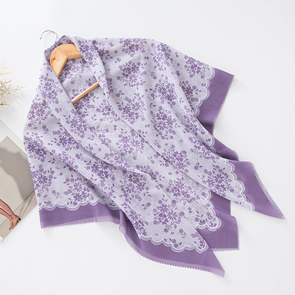 Hijab en voile MH072 à imprimé floral carré, à bordure ondulée