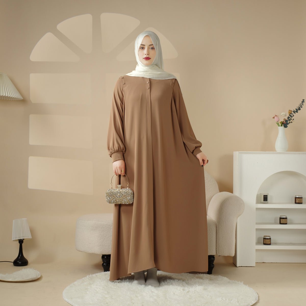 Abaya Pull Boutonnée à l'Épaule Coloris Macaron (UKMA083)