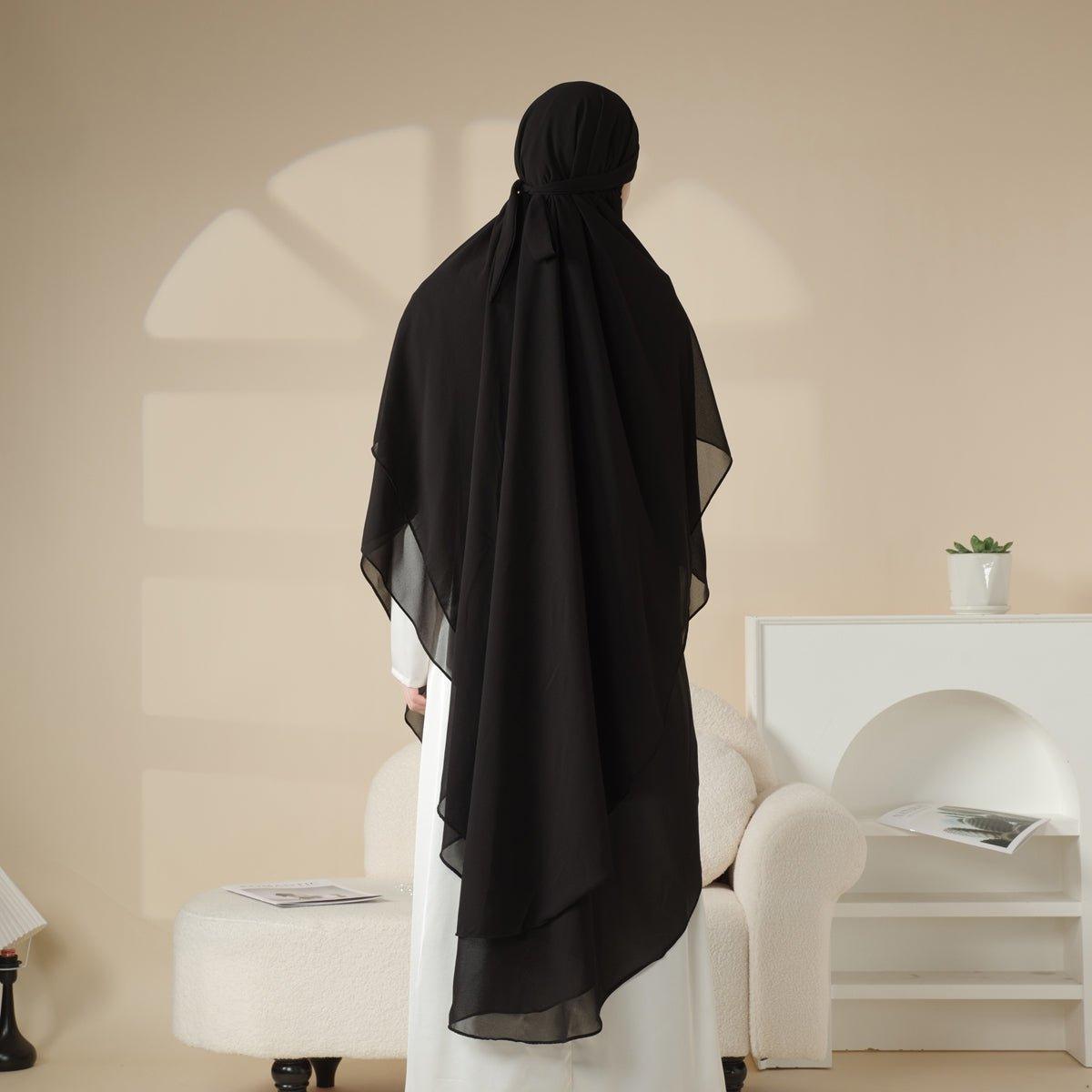 MK018 Khimar Long en Mousseline à Double Couches, Devant et Dos