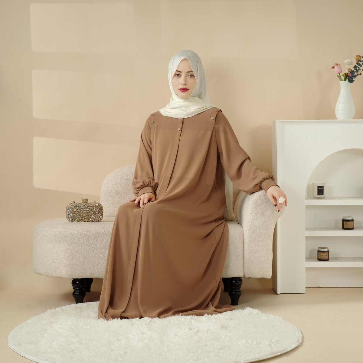 Abaya pull avec bouton à l'épaule coloris macaron (MA083)