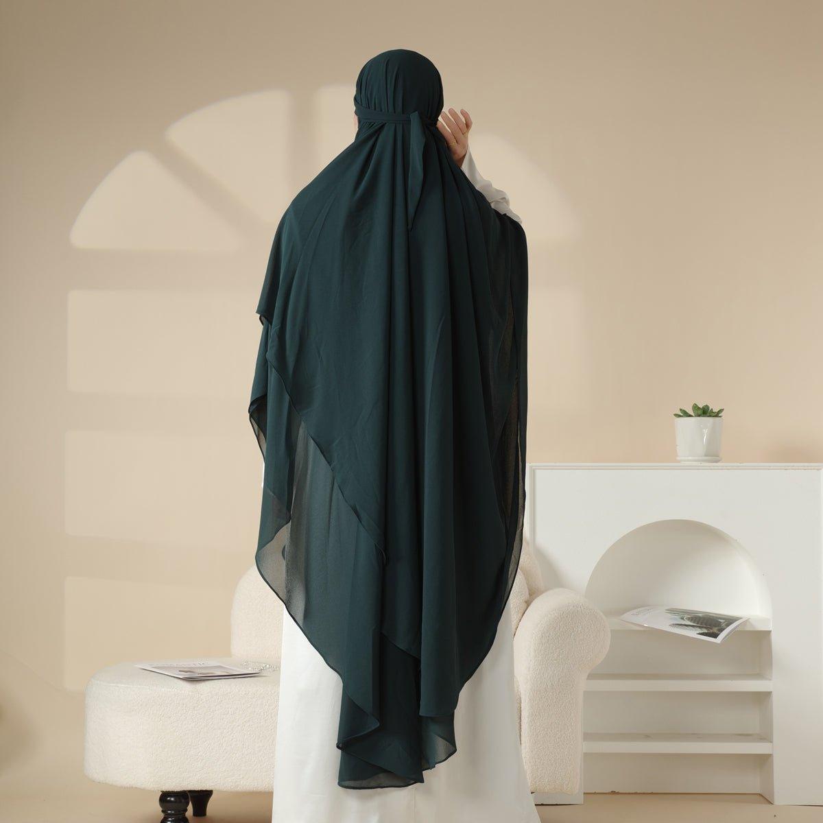 MK018 Khimar Long en Mousseline à Double Couches, Devant et Dos