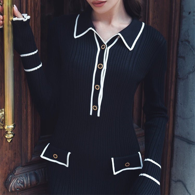 Robe Pull Midi en Maille avec Finitions Volantées de Luxe Française | Robe Pull Midi à Col (MS199)