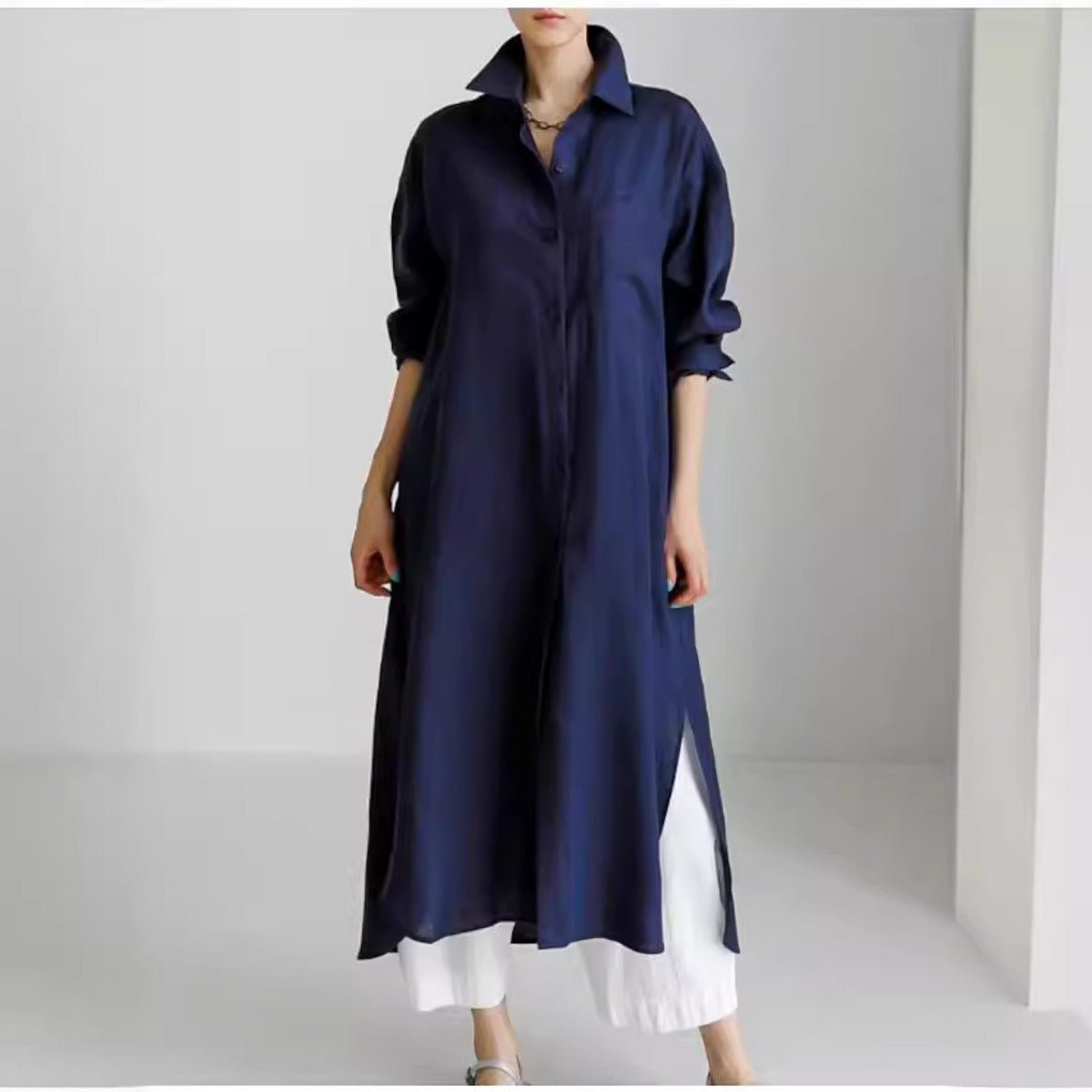 Robe-chemise décontractée et élégante en lin mélangé pour musulmanes | Maxi robe modeste boutonnée devant avec fentes latérales (MS096)