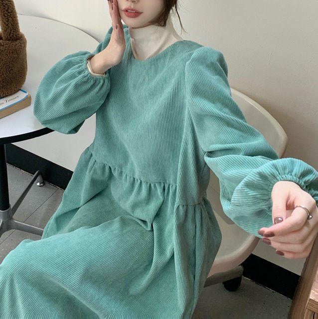 Robe Maxi en Velours Côtelé Français à Manches Lanterne | Robe Froncée à Poignets Élastiques (MS206)