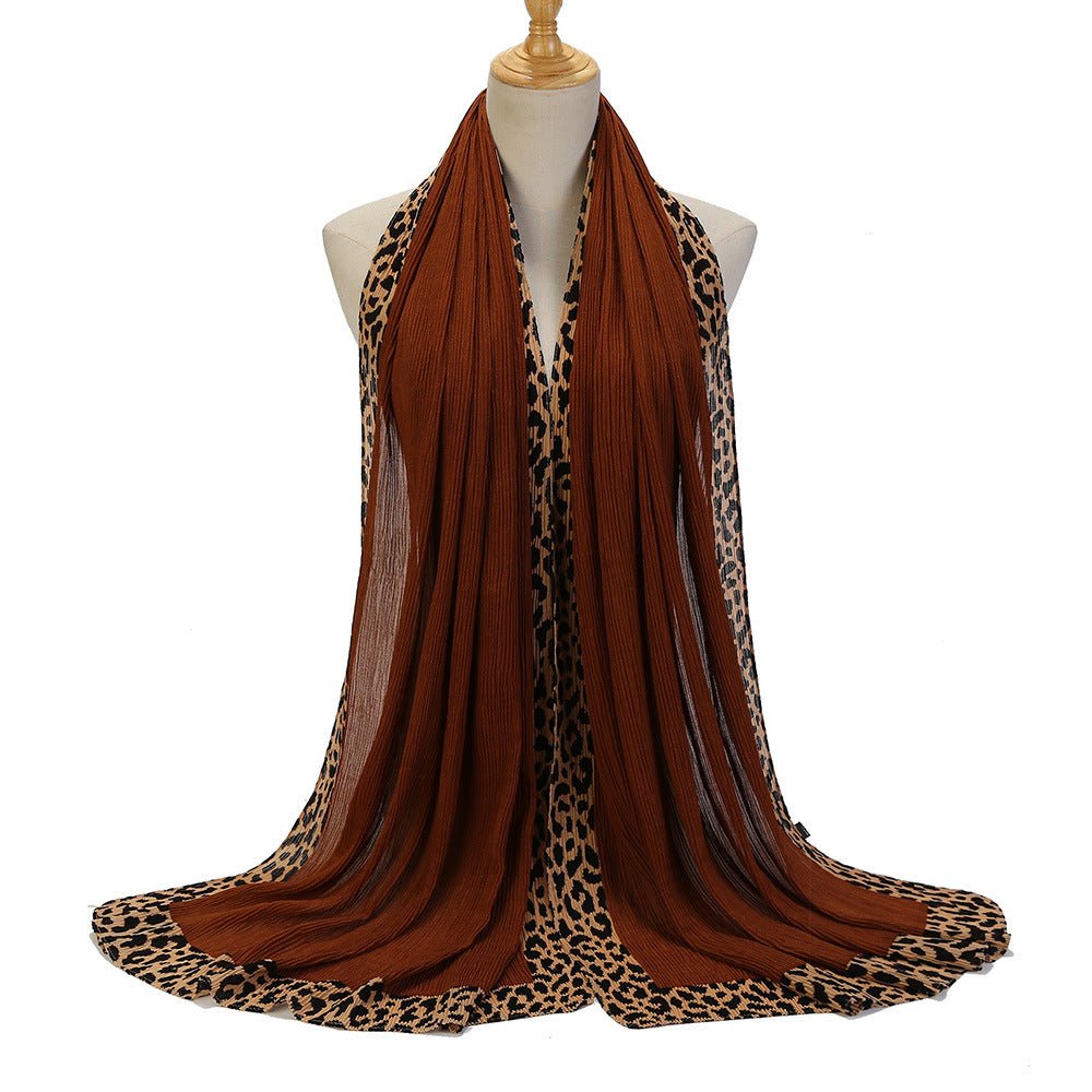 Foulard Hijab Crinkle Uni Orné d'un Motif Léopard (MH181)