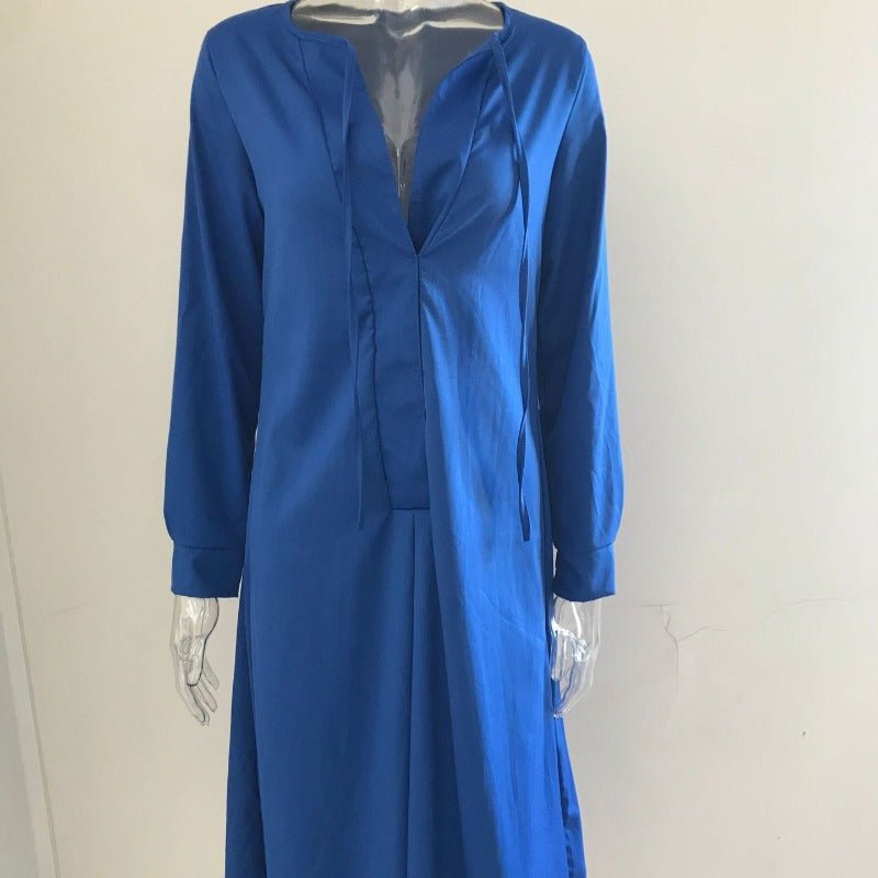 Robe Maxi Élégante à Col en V avec Cordon de Serrage | Tenue Modeste Contemporaine (MS121)