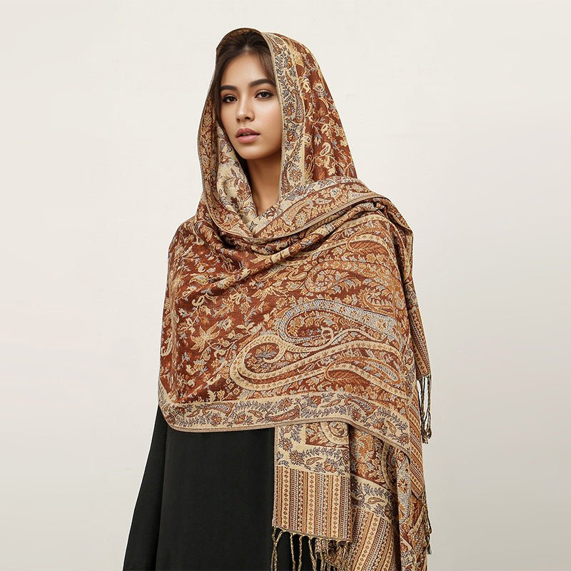 Hijab Vintage Shawl à Motif Fleur de Cajou avec Pompons (MH101)