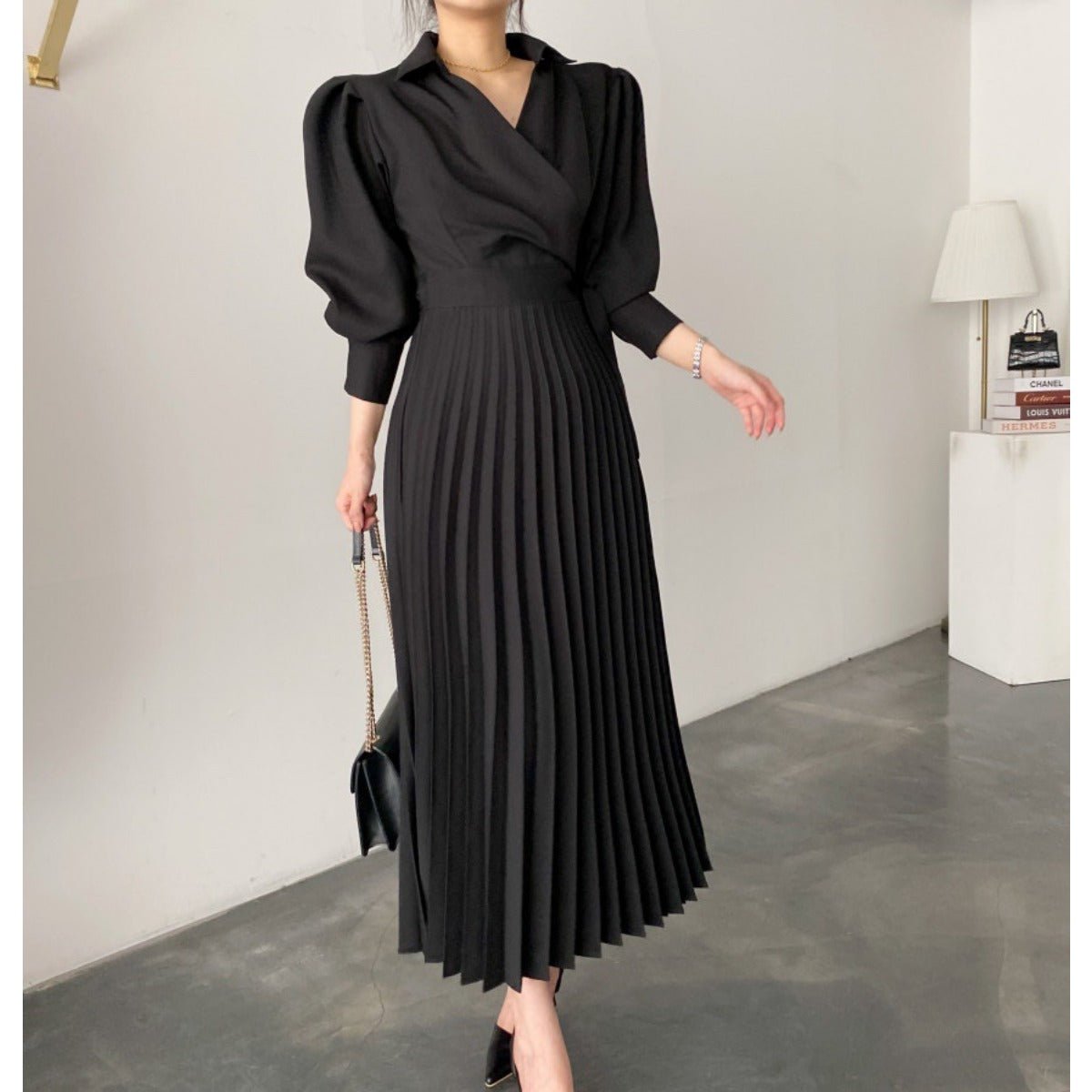 Robe cintrée à col cranté et nœud à la taille | Robe midi plissée à manches ballon ajustées (MA240)