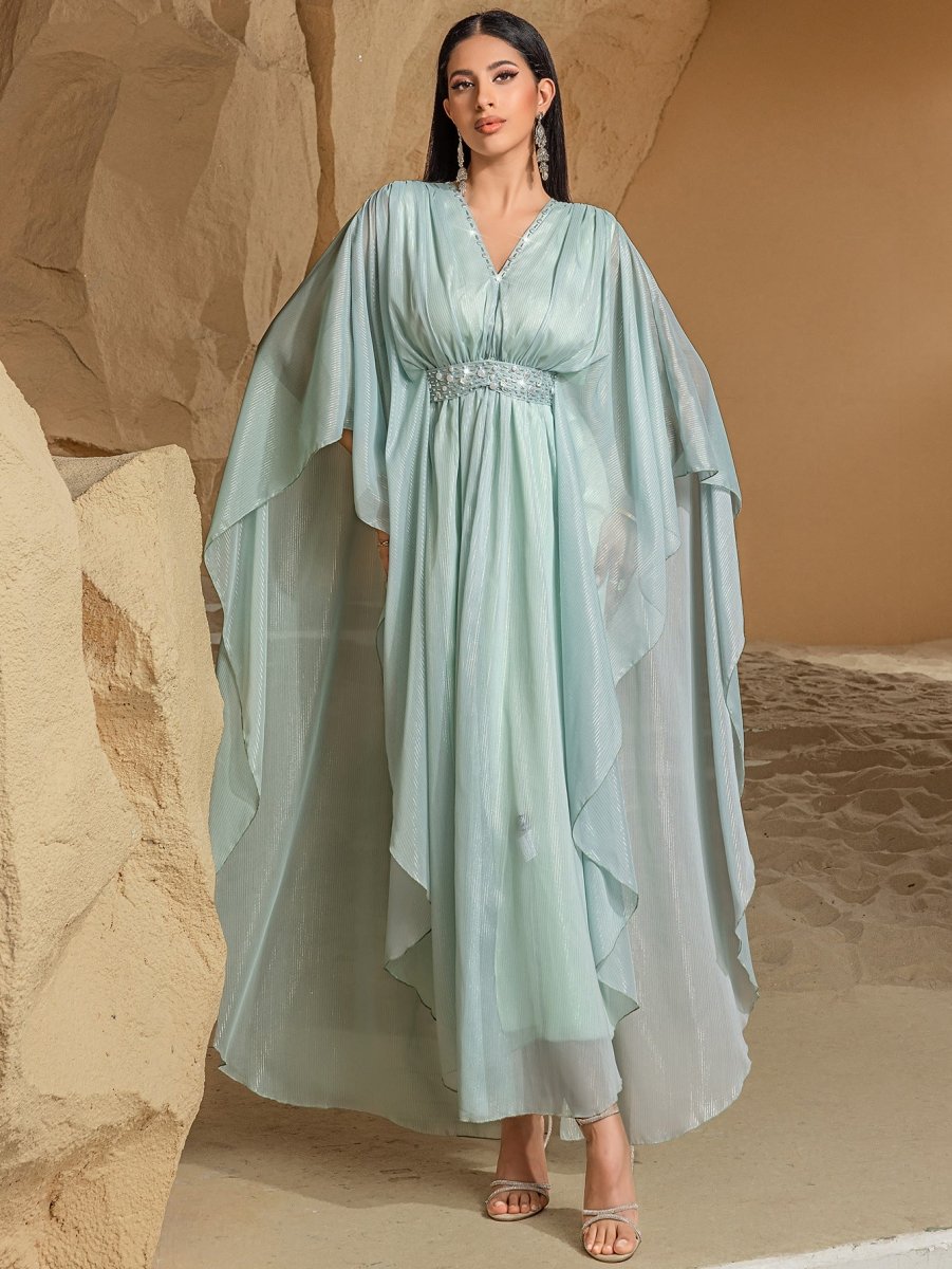 Élégante Abaya Robe pour Voyage et Soirée, Col en V, Perles Brodées à la Main, Finition Luxueuse (MA188)